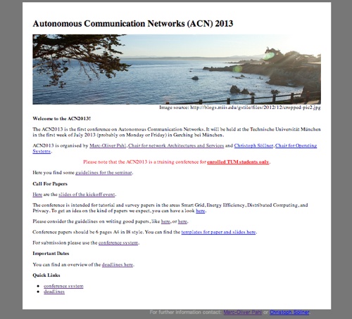 The landing page of the Autonomous Networks Conference 2013 - a training conference for master students at the Technische Universität München.